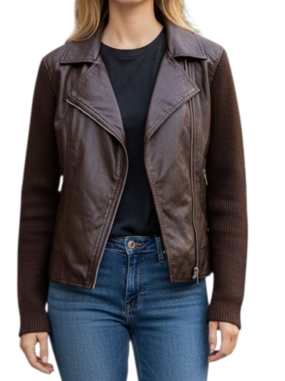 Ann Taylor Mixed Media Faux Leather Moto Sweater Jacket, Large - Picture 6 of 8